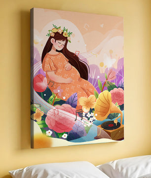 Femme dans la nature avec des fleurs et des notes de musique