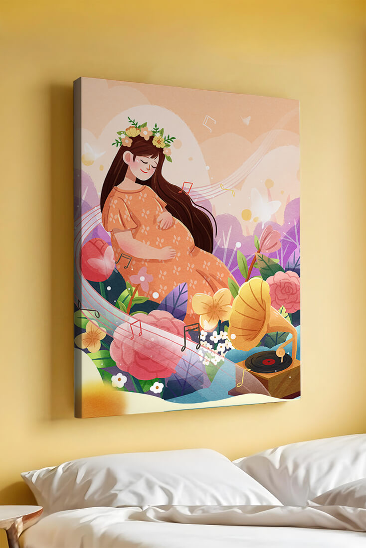 Woman in nature with flowers and musical notes
