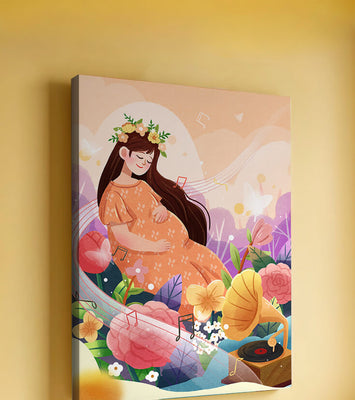 Woman in nature with flowers and musical notes