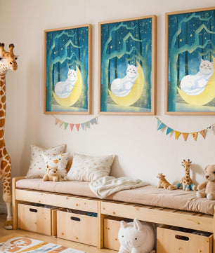 Cat sleeping on the moon in an enchanted forest under the starry sky