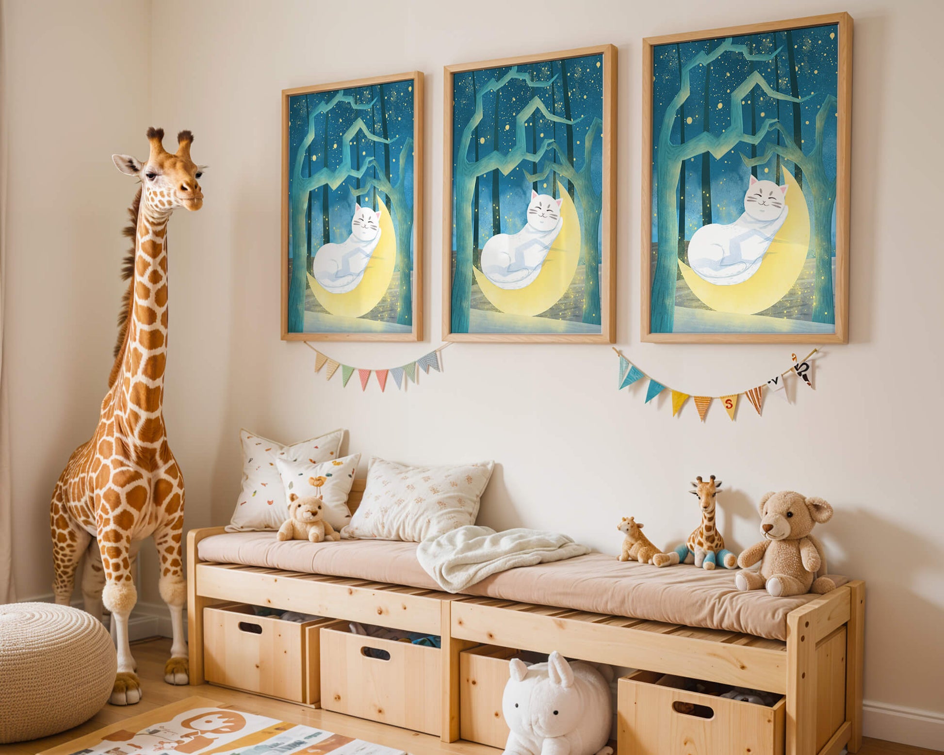 Cat sleeping on the moon in an enchanted forest under the starry sky