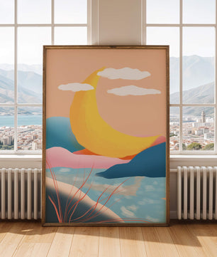Abstract Landscape with Yellow Crescent and Pastel Colors