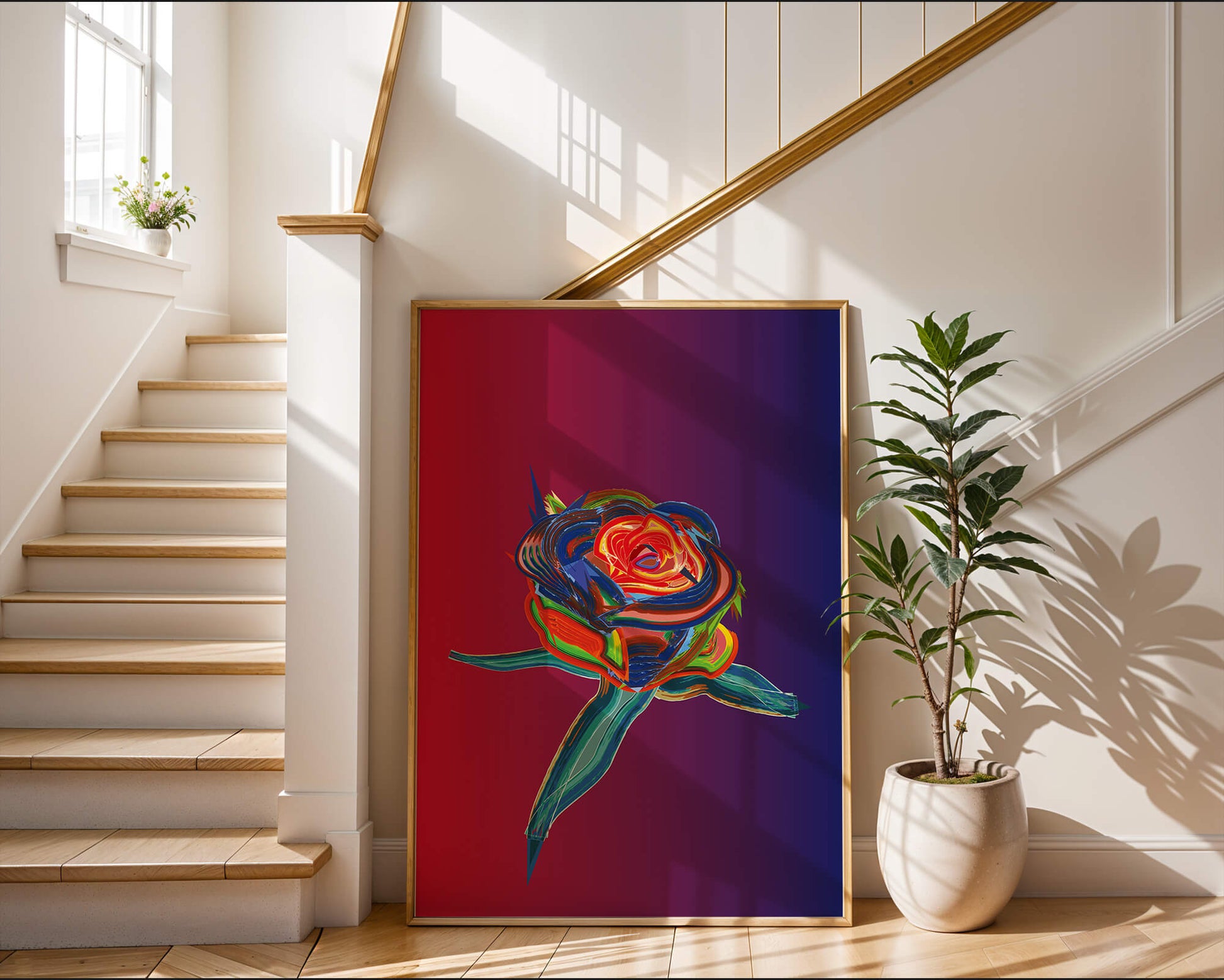 Rosa abstracta vibrante con colores dinámicos sobre fondo degradado