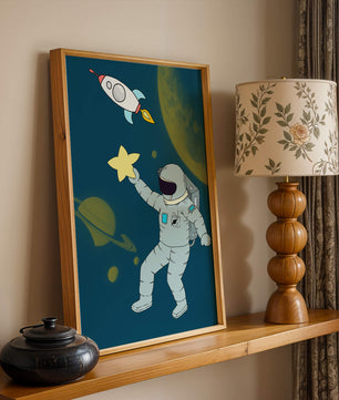 Astronaut Reaching for Star with Rocket and Planets in Space Scene - Mi tienda