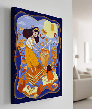 Whimsical illustration with woman and child among books and flowers