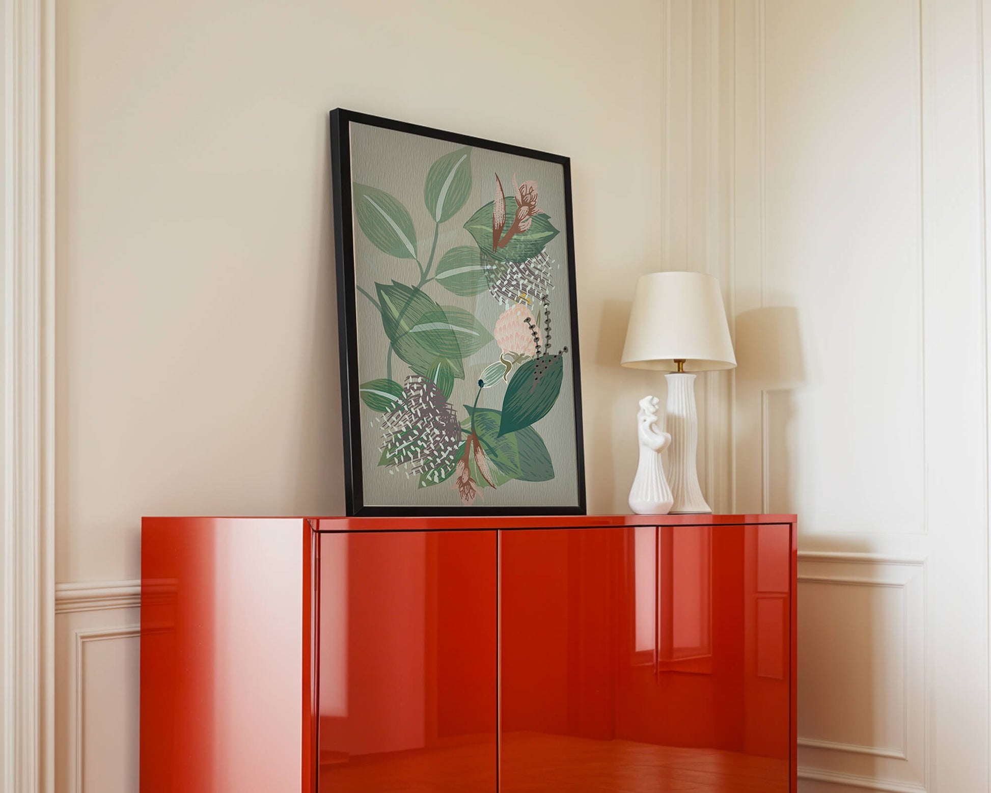 Floral botanical pattern with green leaves and delicate flowers