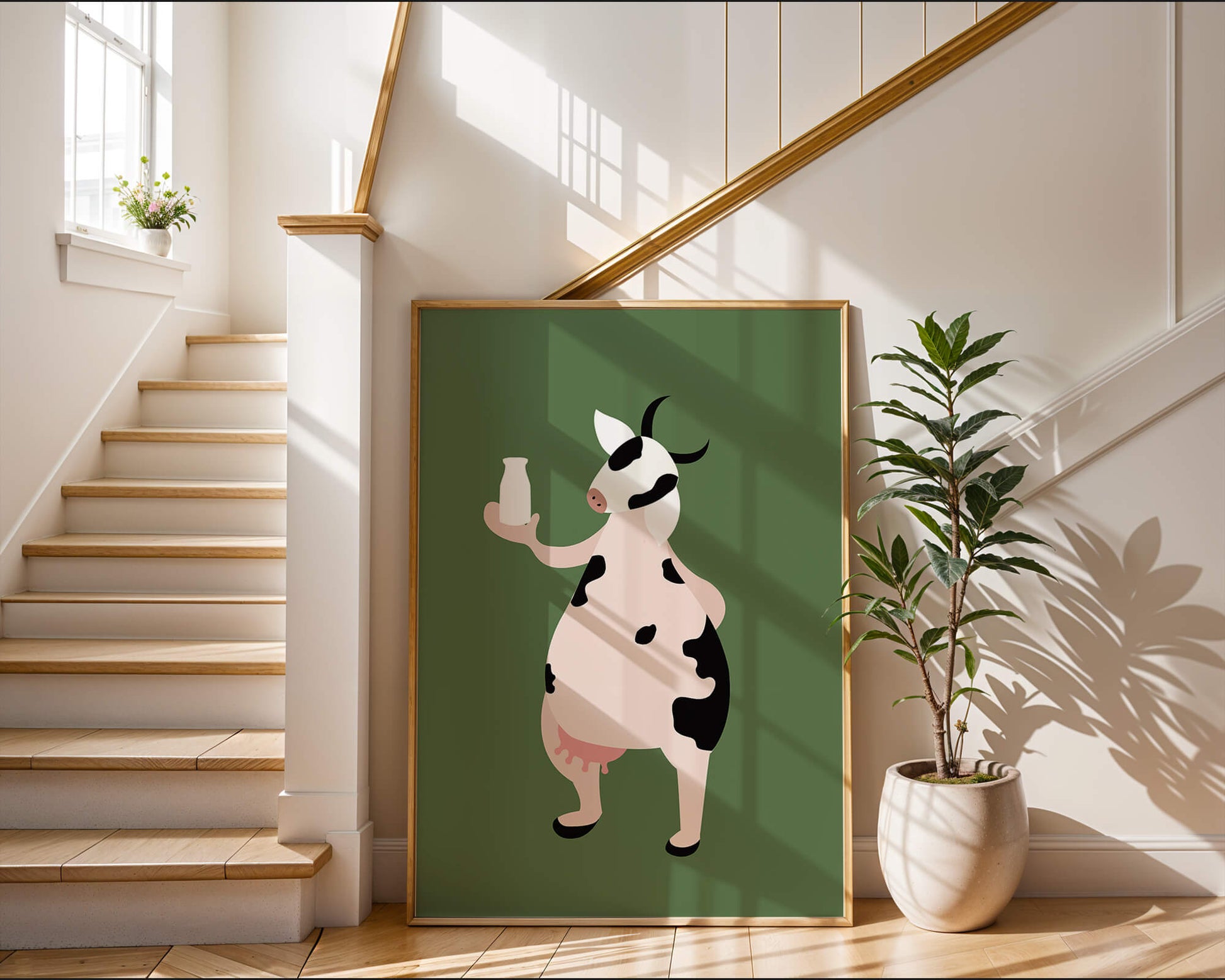 Illustration of anthropomorphic cow holding a milk bottle on green background