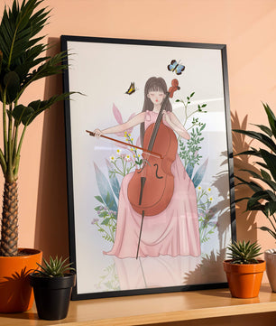 Girl Playing Cello Surrounded by Nature with Butterflies - Mi tienda
