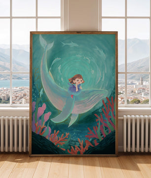 Underwater scene with child and whale surrounded by marine life