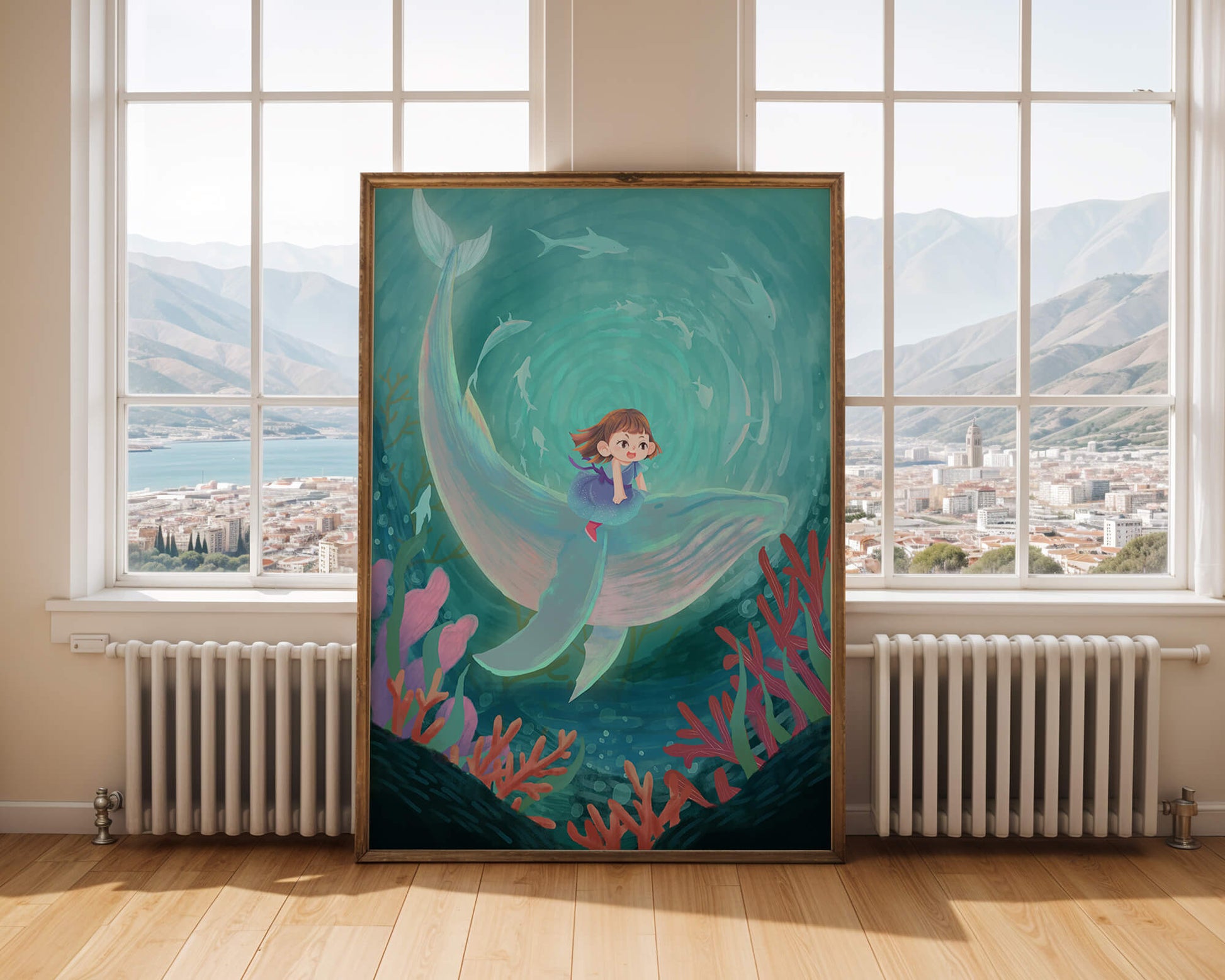 Underwater scene with child and whale surrounded by marine life