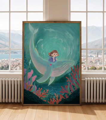 Underwater scene with child and whale surrounded by marine life