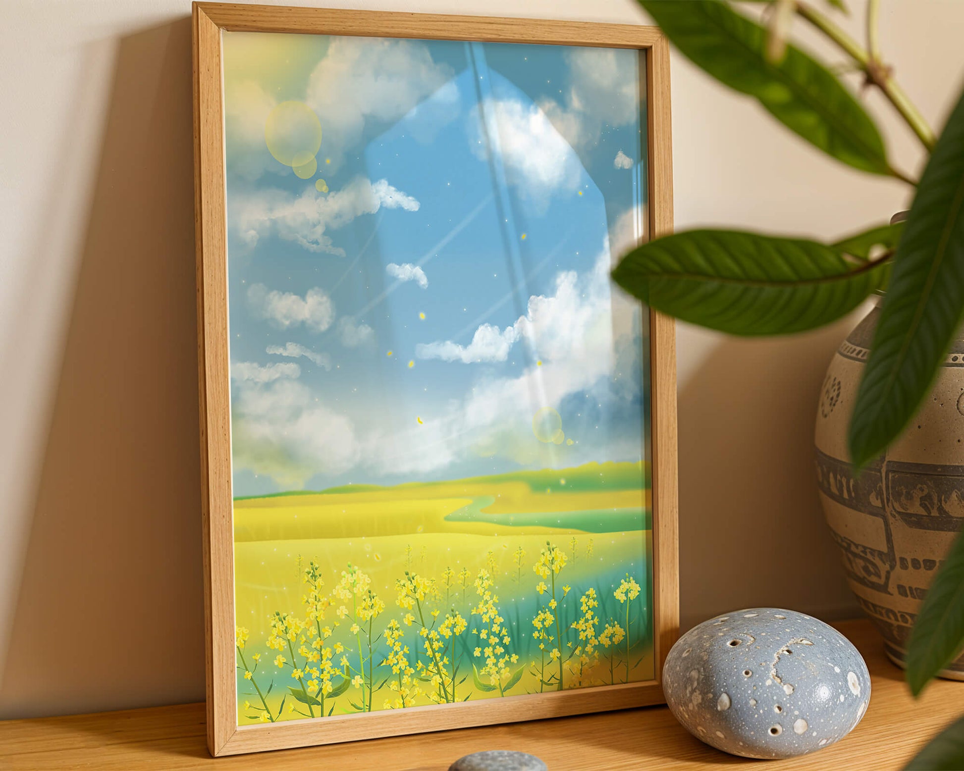 Sunny Meadow with Yellow Flowers and Blue Sky Scenic Art