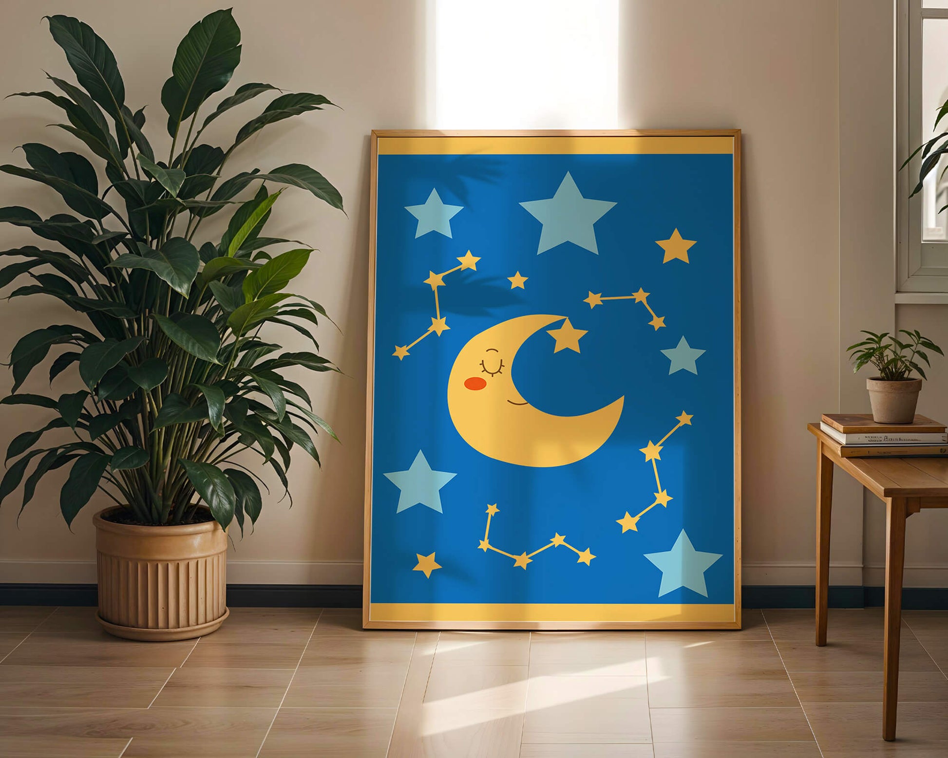 Whimsical children's room decor with smiling moon and stars