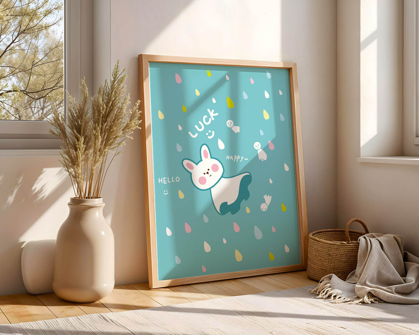 Adorable cartoon bunny with colorful drops on a blue background