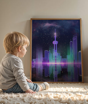 Futuristische Skyline mit leuchtenden Türmen unter sternenklarer Nacht