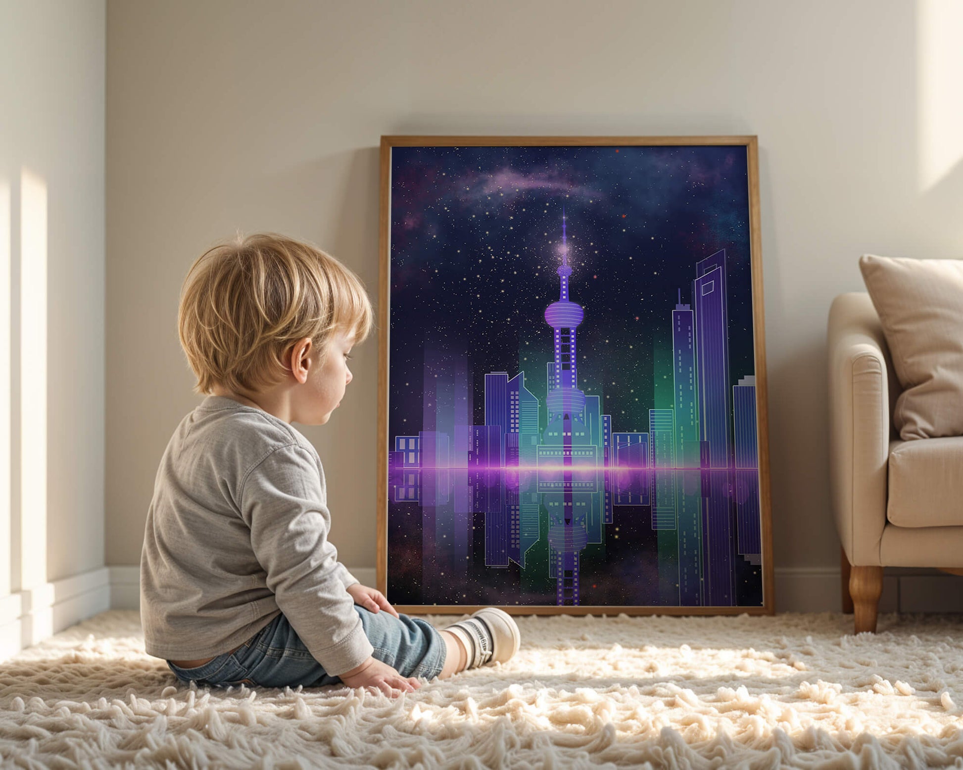 Futuristische Skyline mit leuchtenden Türmen unter sternenklarer Nacht