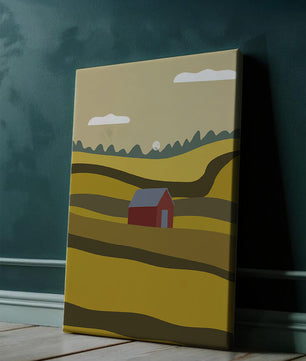 Landscape With Red Barn Amidst Rolling Hills Under Blue Sky