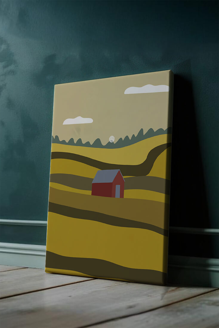 Paisaje con granero rojo entre colinas onduladas bajo un cielo azul