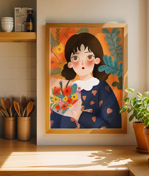Ilustración colorida de una chica con flores rodeada de un fondo floral vibrante