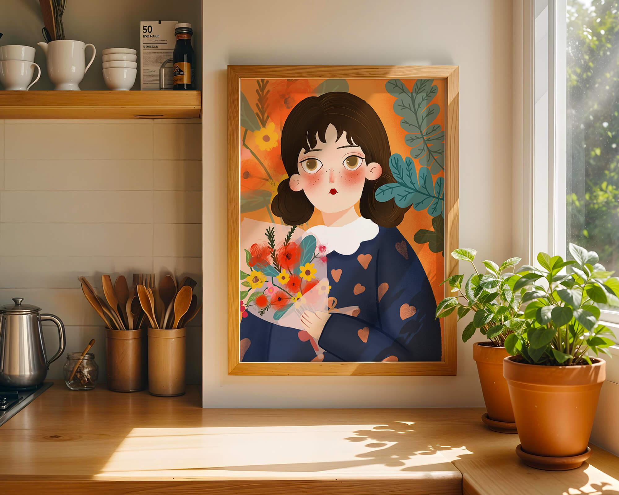 Colorful illustration of a girl with flowers surrounded by a vibrant floral background