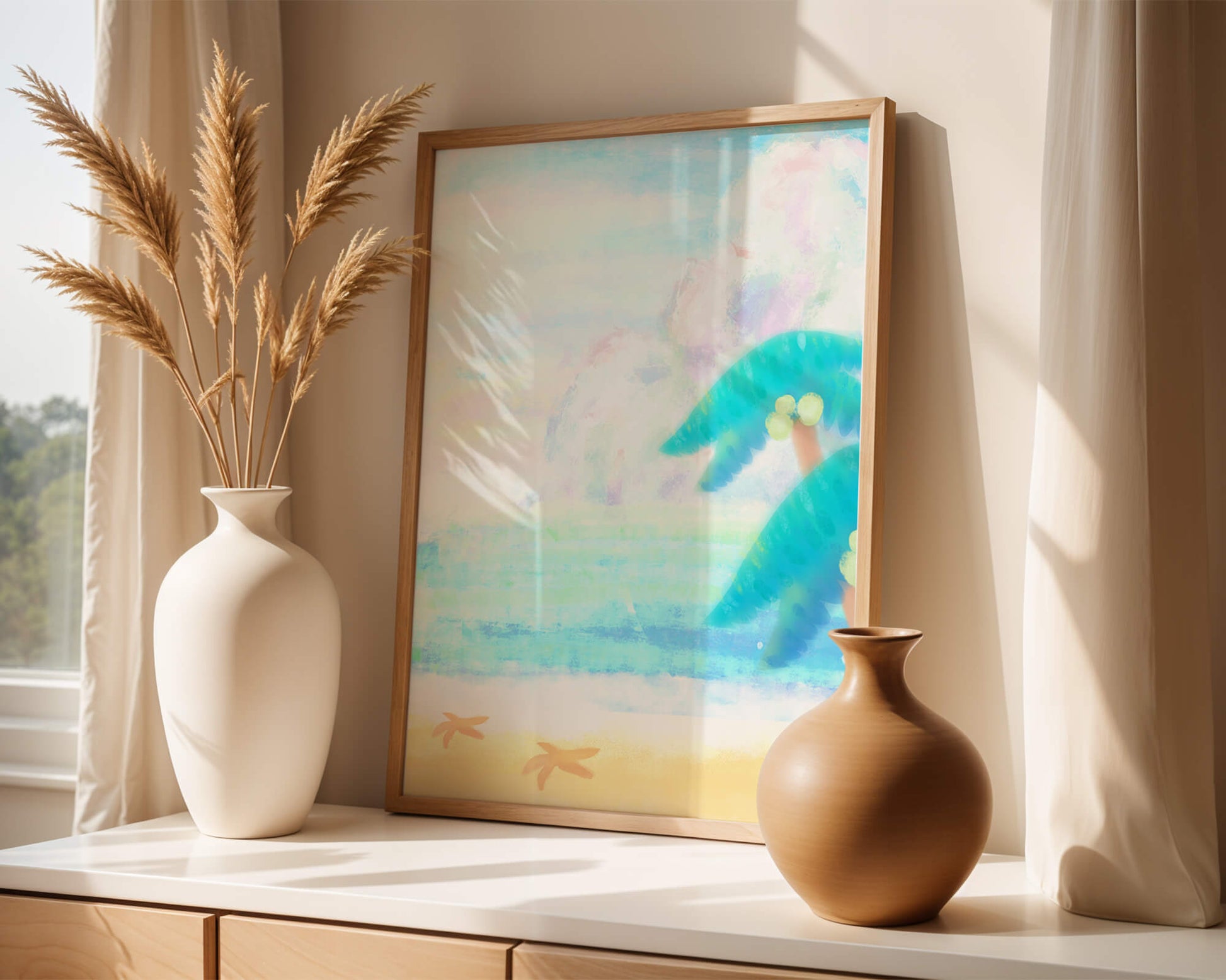 Serene tropical beach with palm trees and starfish
