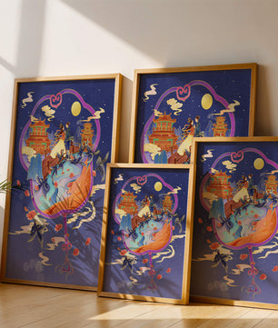 Escena nocturna oriental romántica con pareja y pagodas bajo la luz de la luna
