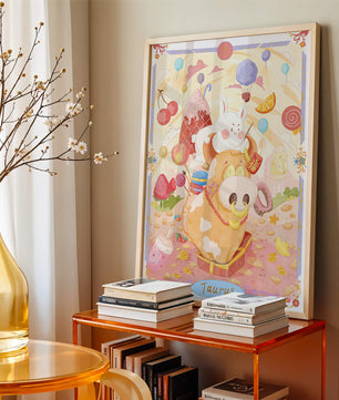 A whimsical Taurus zodiac illustration with playful animals and sweet treats
