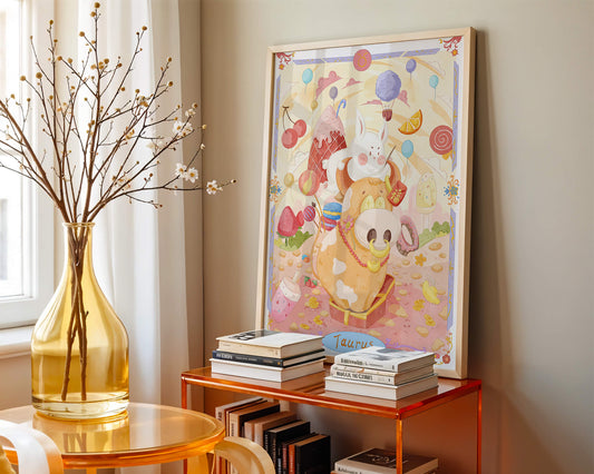 A whimsical Taurus zodiac illustration with playful animals and sweet treats