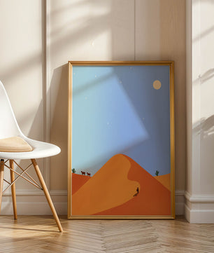 Serene desert landscape with dunes, camels, and a lone traveler under a starry sky