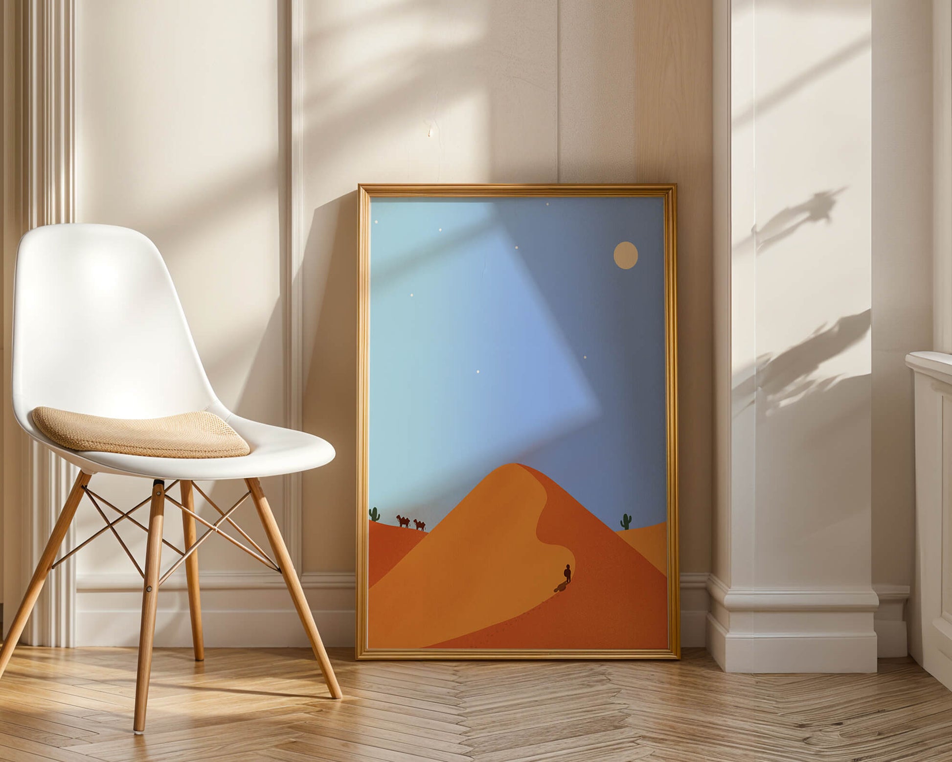 Serene desert landscape with dunes, camels, and a lone traveler under a starry sky