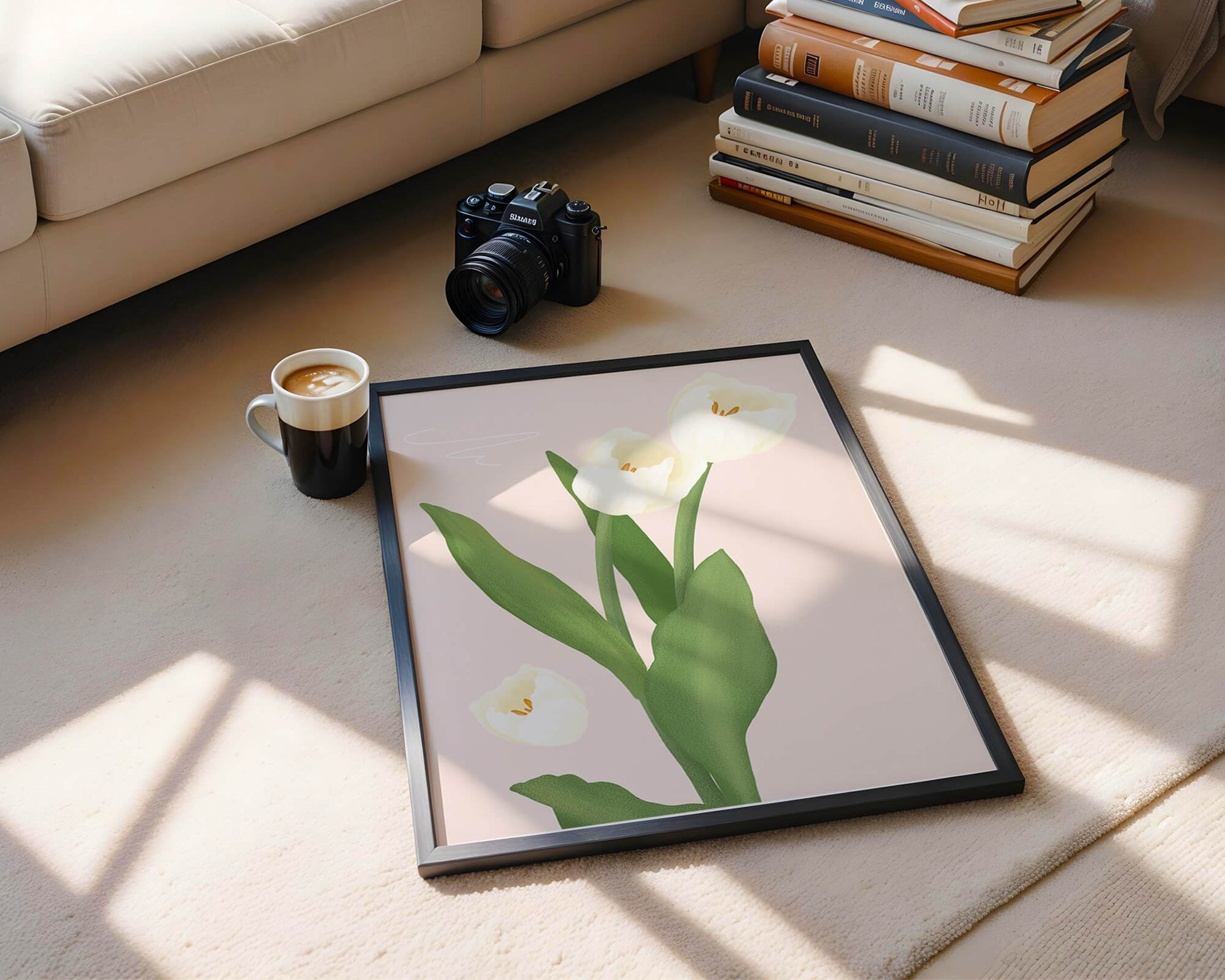 Elegant white tulips illustration on pastel background