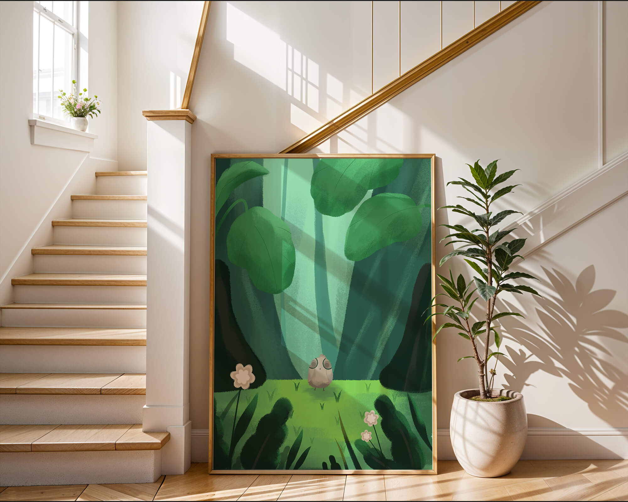 Enchanted forest scene with a small bird amidst lush greenery