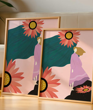 Stylized illustration of woman with vibrant floral elements