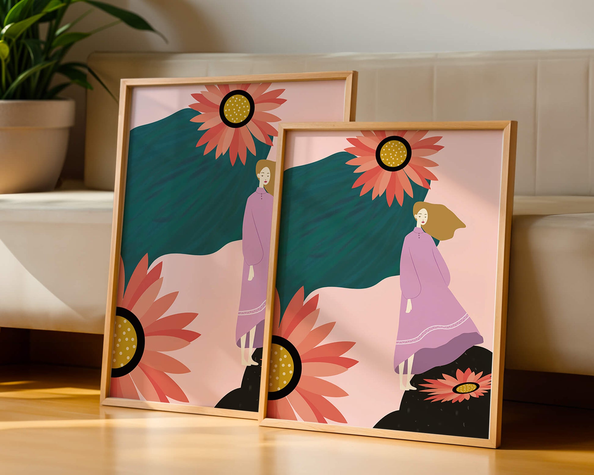 Stylized illustration of woman with vibrant floral elements