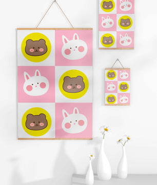 Diseño de patrones de animales juguetones con caras de osos y conejos en colores pastel