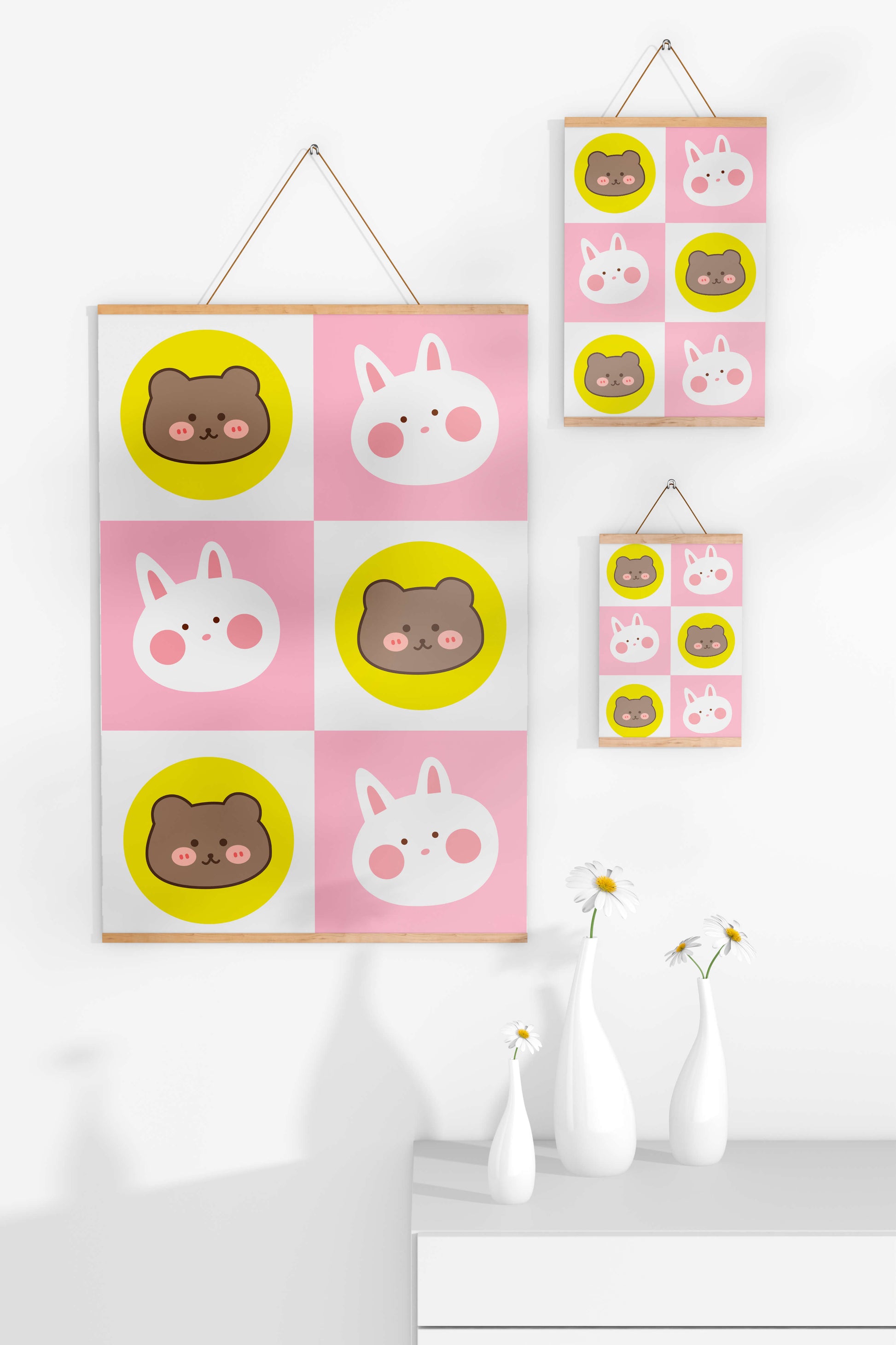 Diseño de patrones de animales juguetones con caras de osos y conejos en colores pastel