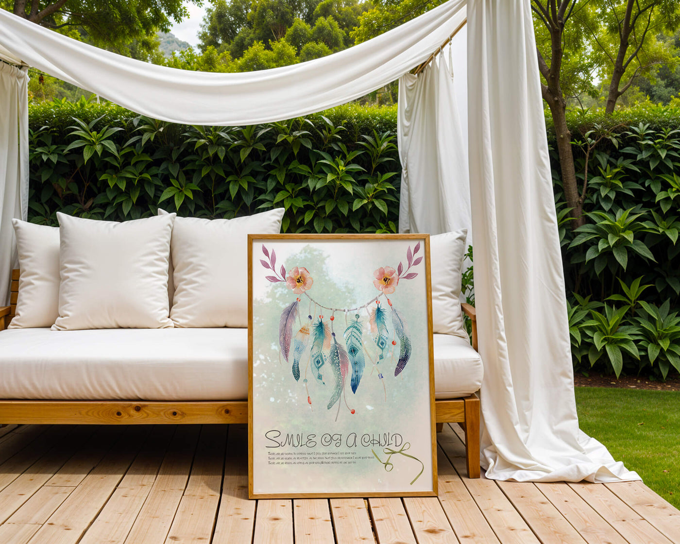 Whimsical dreamcatcher with feathers and flowers in a pastel watercolor style