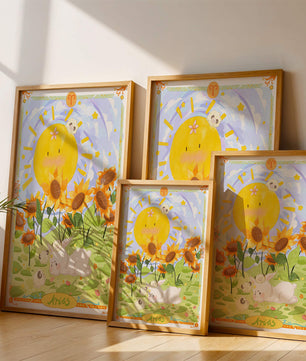 Ilustración encantadora de Aries con animales juguetones y girasoles
