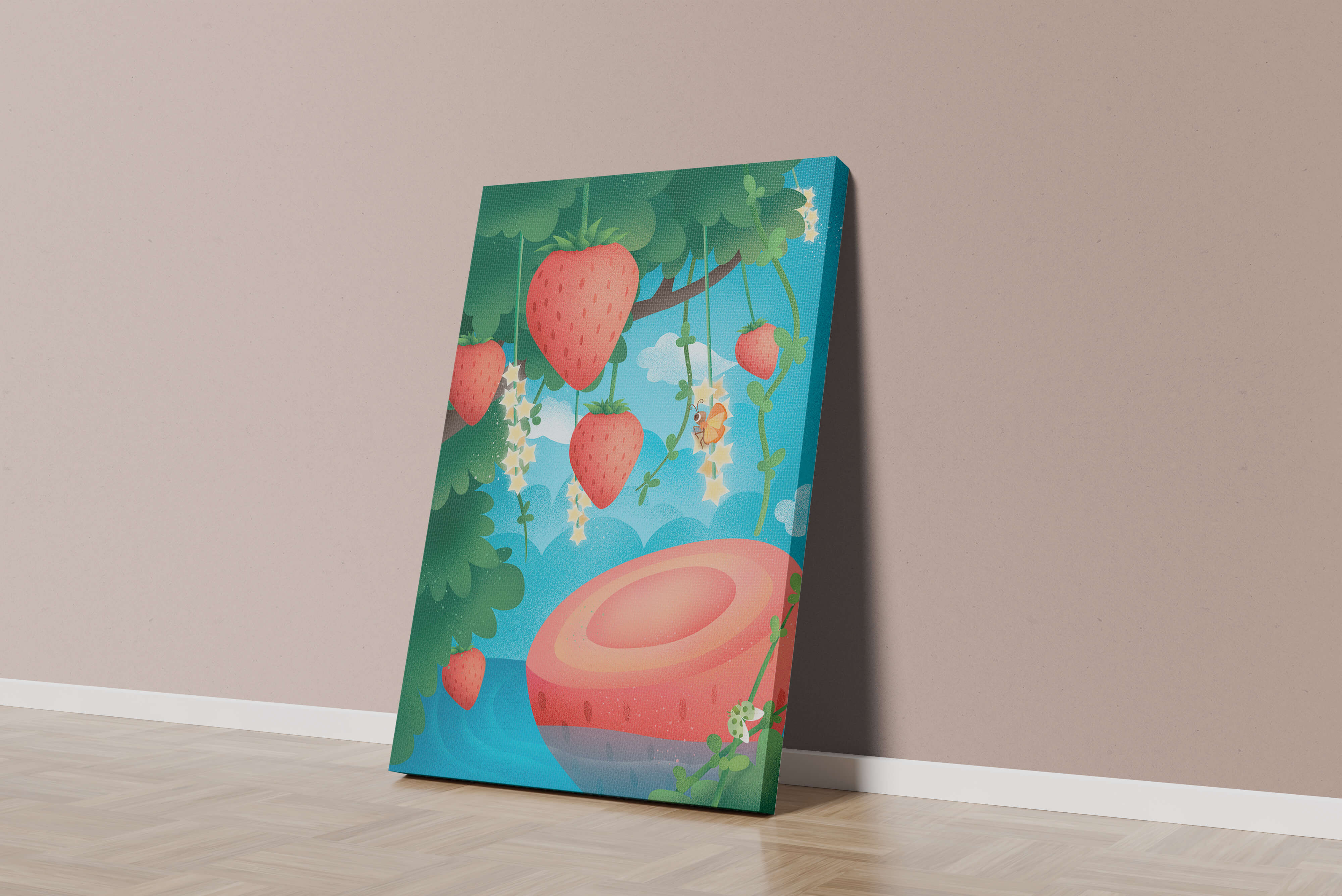 Illustrated strawberries in a whimsical garden setting