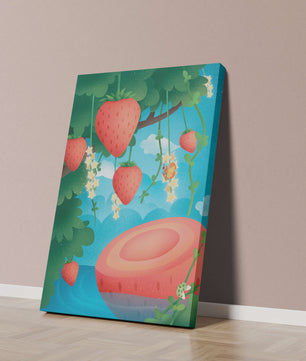 Illustrated strawberries in a whimsical garden setting