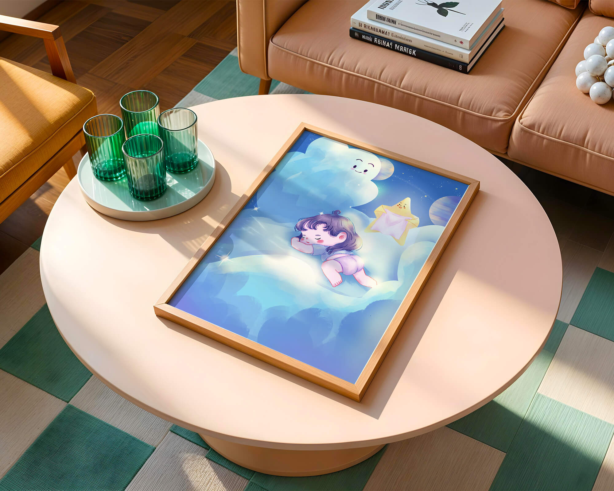 Dreamy illustration of sleeping child on clouds with smiling cloud and star