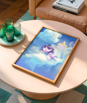 Dreamy illustration of sleeping child on clouds with smiling cloud and star