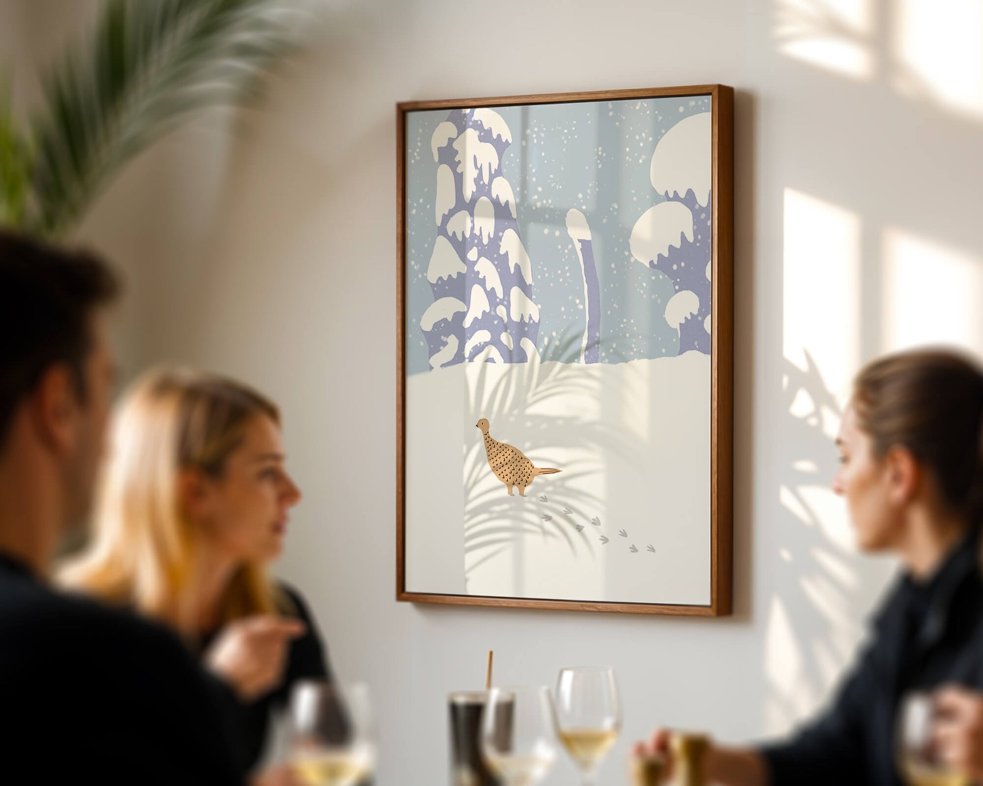 Winter landscape with pheasant walking through snowy forest