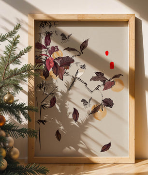 Elegant nature illustration featuring butterflies and birds on a branch