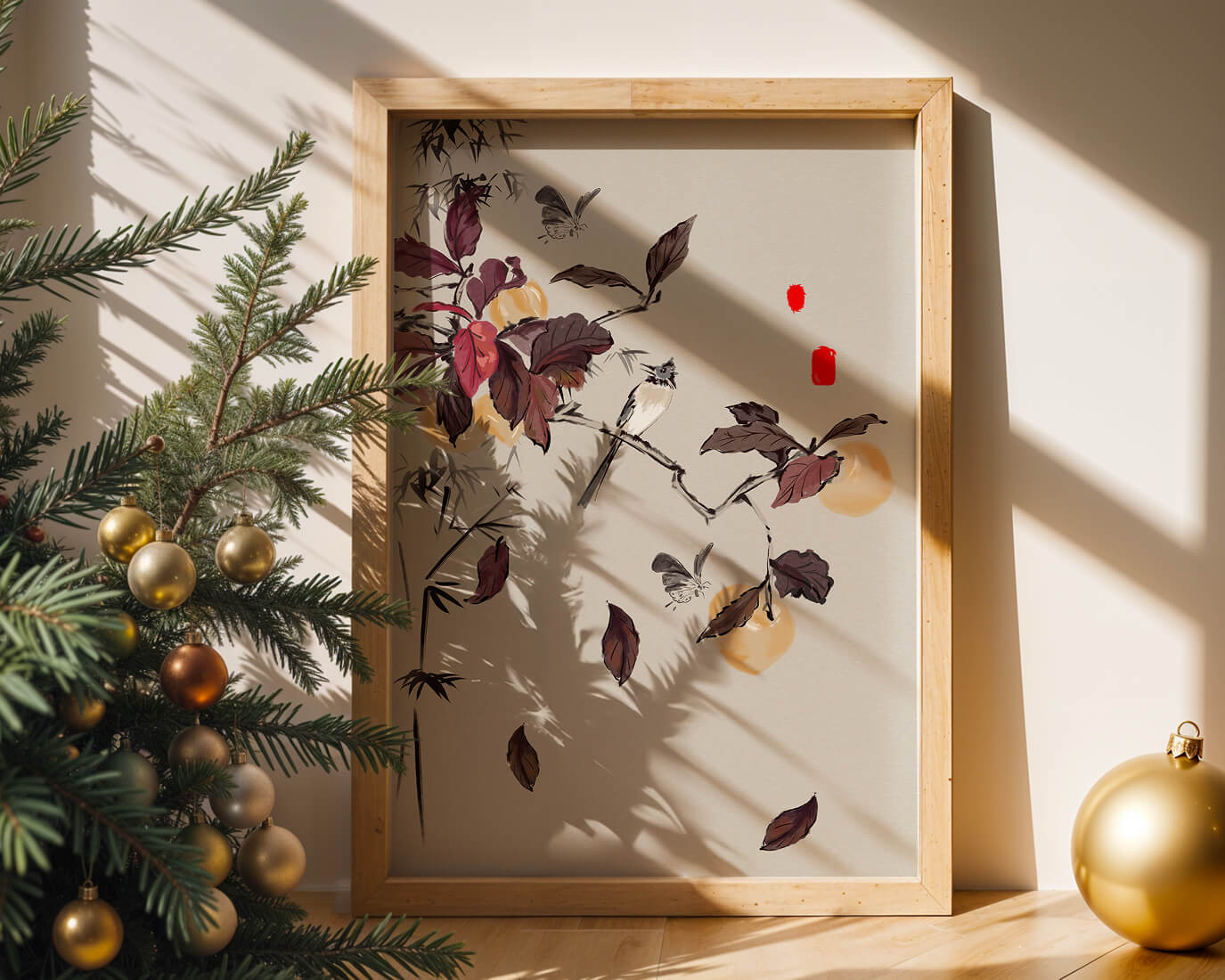 Elegant nature illustration featuring butterflies and birds on a branch