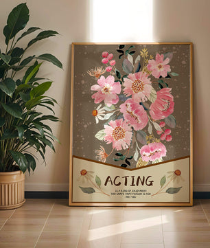 Ilustración acuarela floral con texto motivacional sobre un fondo marrón punteado