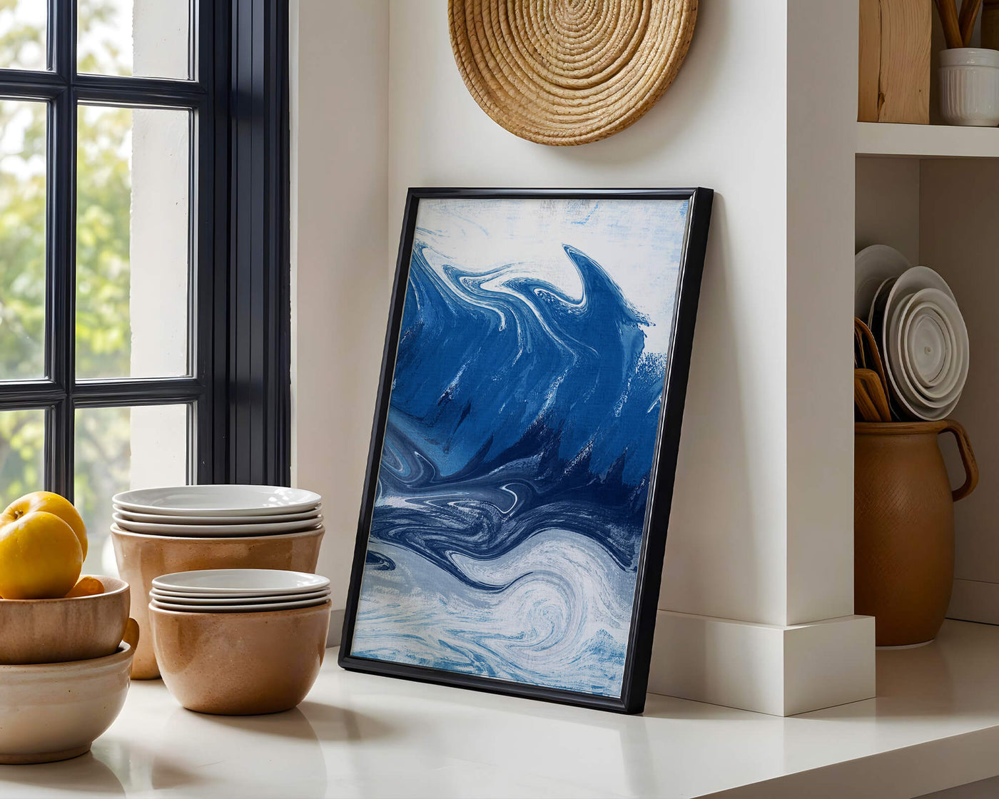 Abstract blue and white ocean wave painting with swirling patterns