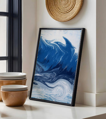 Abstract blue and white ocean wave painting with swirling patterns