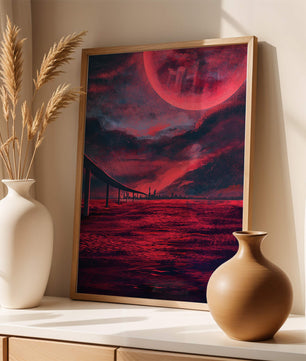 Surreal Scarlet Landscape with Bridge and Celestial Body