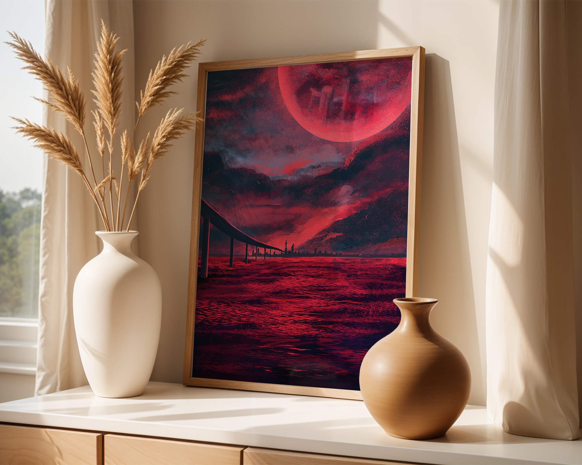 Surreal Scarlet Landscape with Bridge and Celestial Body
